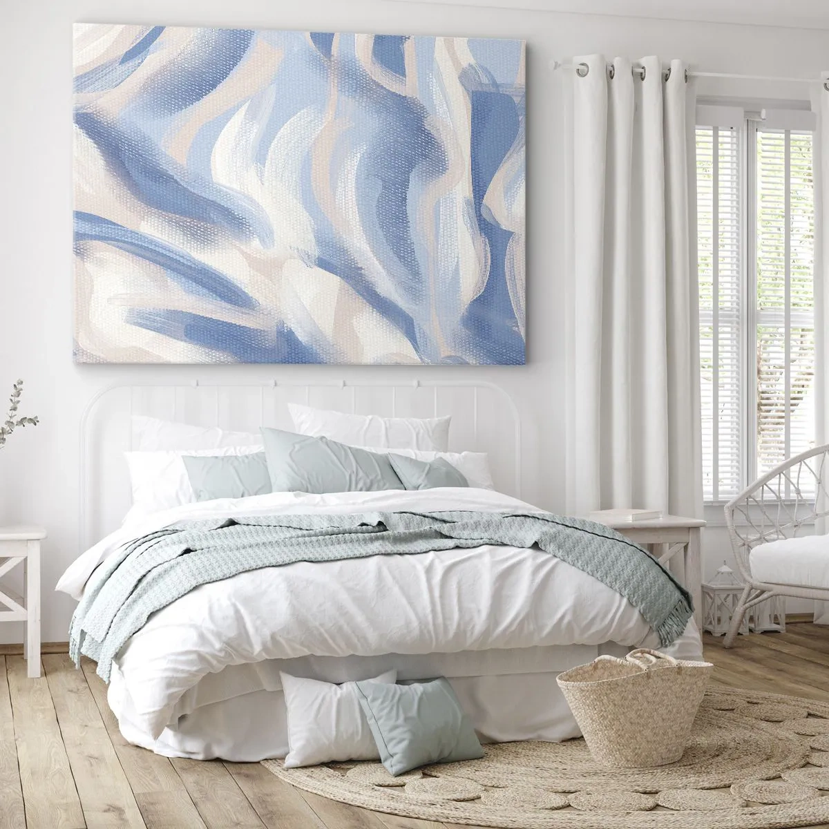 Impression sur toile - Image sur toile - Coups de pinceau abstraits dans des tons de bleu et de beige - 120x80cm - Vagues bleues - Décoration murale moderne pour le salon et la chambre ARTTOR