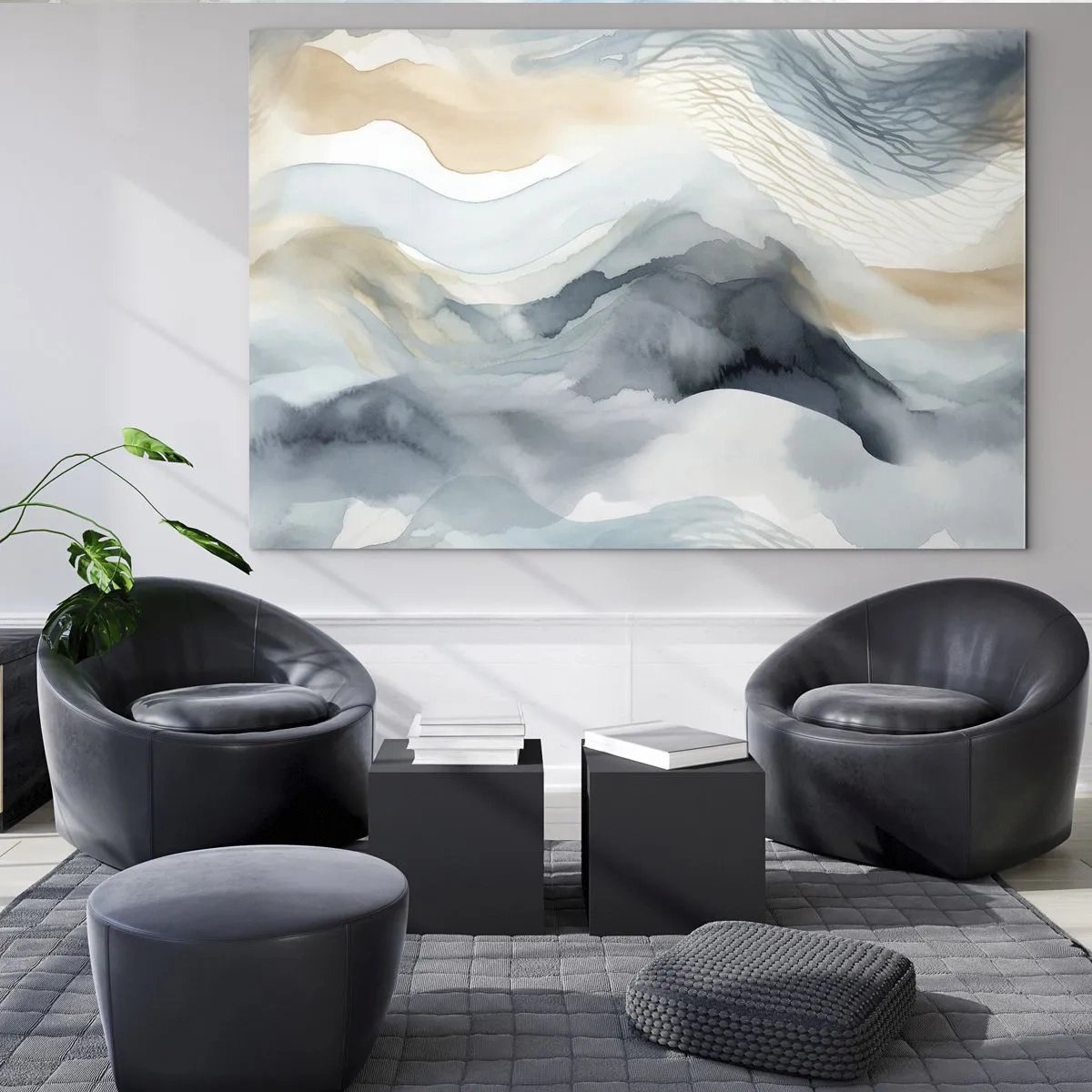Impression sur verre - Image sur verre - Vagues abstraites dans les tons beige et bleu - 100x70cm - Abstraction enneigée et brumeuse - Décoration murale moderne pour le salon et la chambre ARTTOR