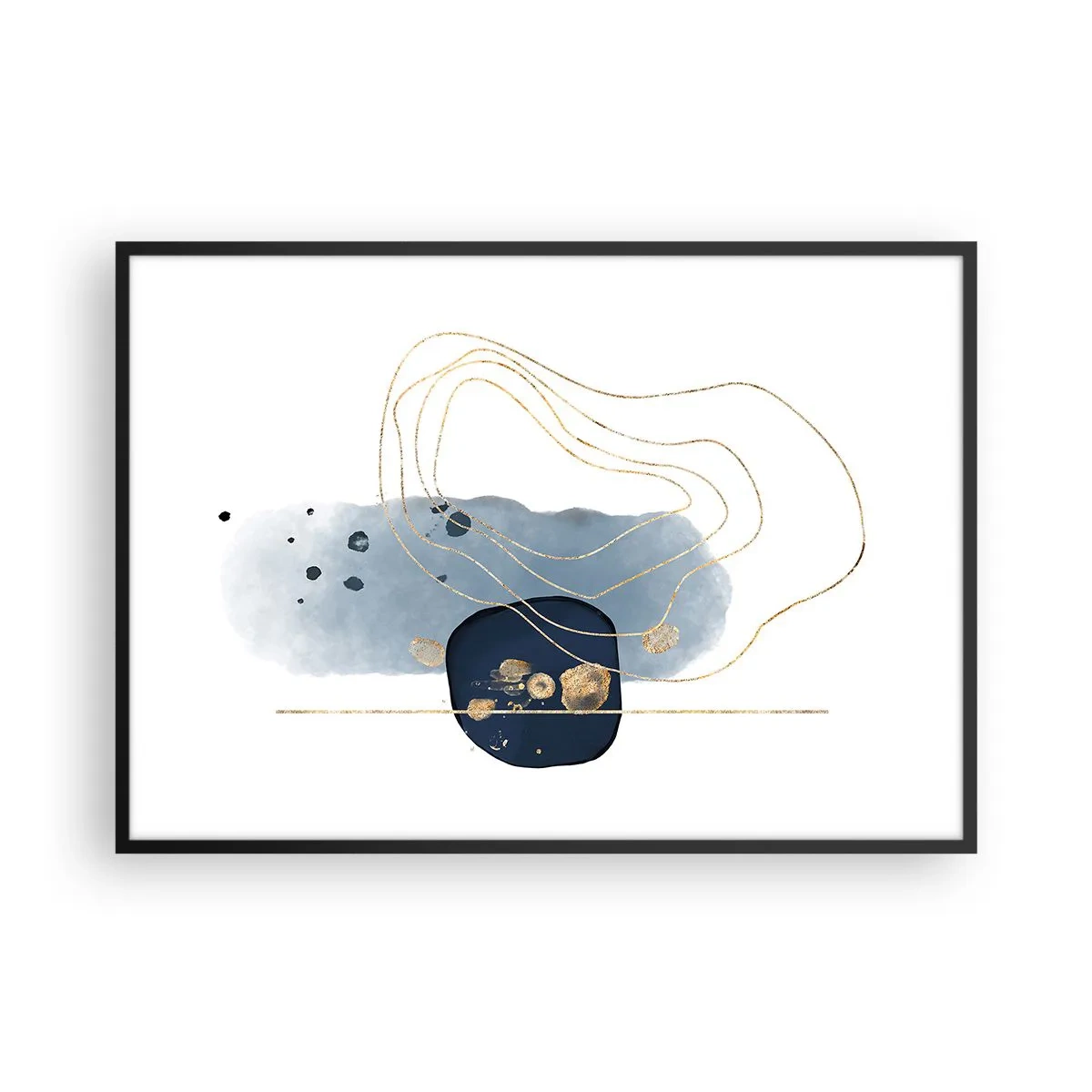 Affiche dans un cadre noir - Poster - Abstraction dans les tons de bleu et d'or - 100x70cm - Fantaisie bleu et or - Décoration murale moderne pour le salon et la chambre ARTTOR