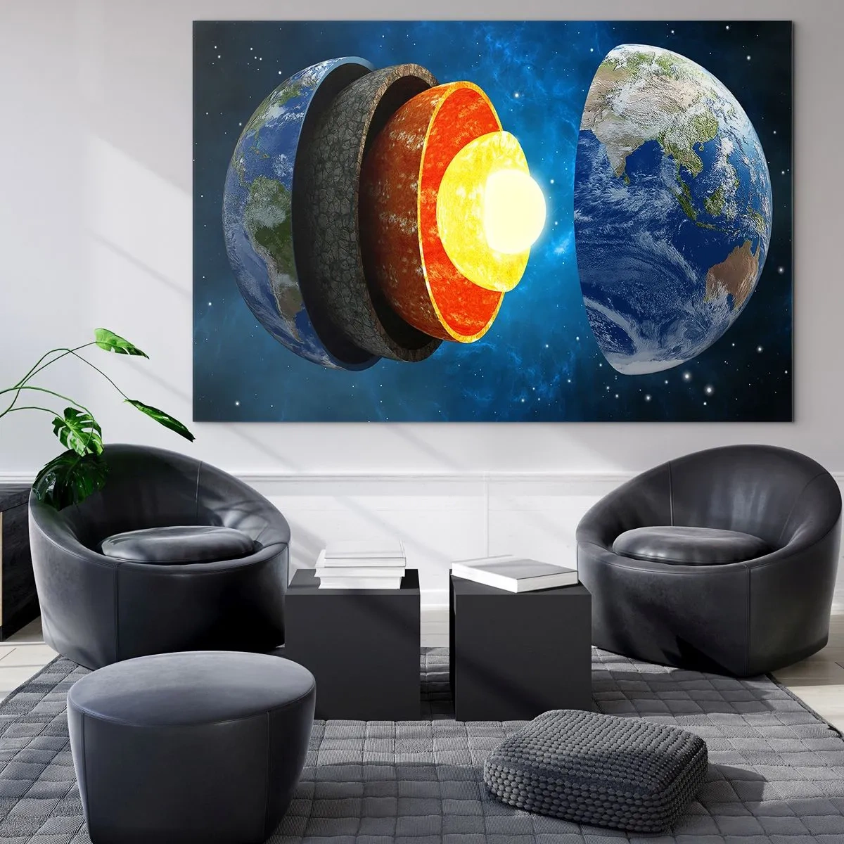 Impression sur verre - Image sur verre - Une coupe transversale de la Terre montrant ses couches sur fond d'espace. - 100x70cm - Voyage au centre de la terre - Décoration murale moderne pour le salon et la chambre ARTTOR