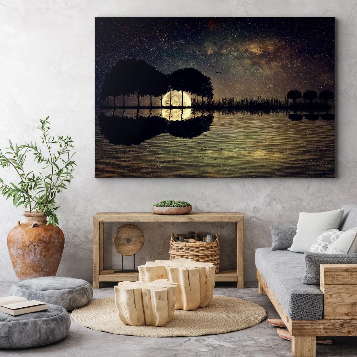 Impression sur toile - Image sur toile - Une nuit magique avec des arbres et la lune se reflétant sur l'eau - 120x80cm - Nuit au bout du monde - Décoration murale moderne pour le salon et la chambre ARTTOR