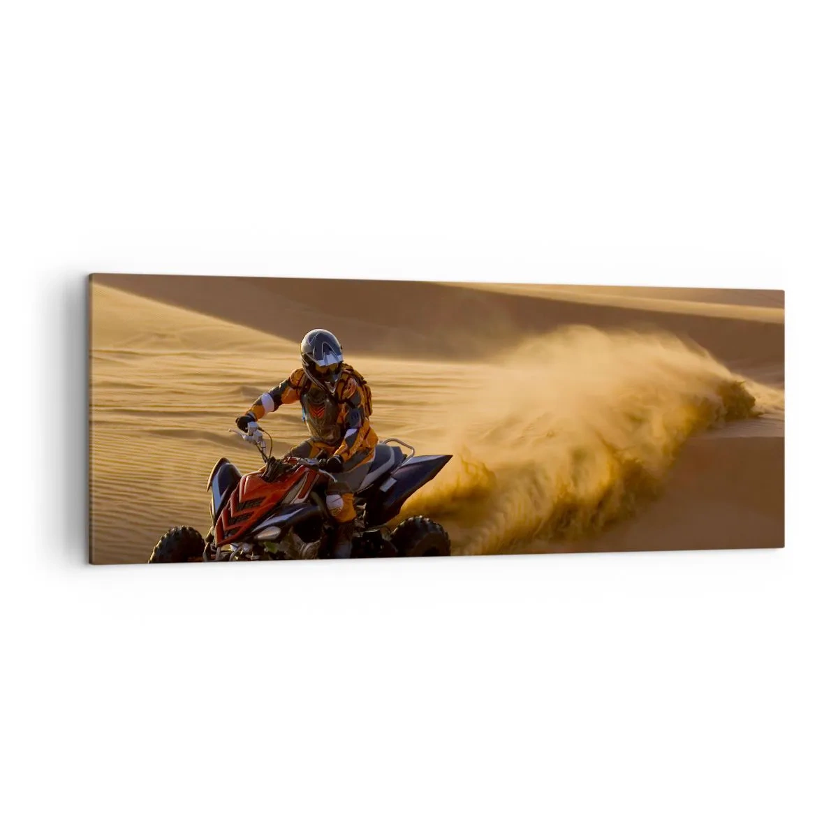 Impression sur toile - Image sur toile - Un motocycliste sur un quad traversant à toute vitesse les dunes de sable du désert - 140x50cm - Sur les vagues de sable - Décoration murale moderne pour le salon et la chambre ARTTOR