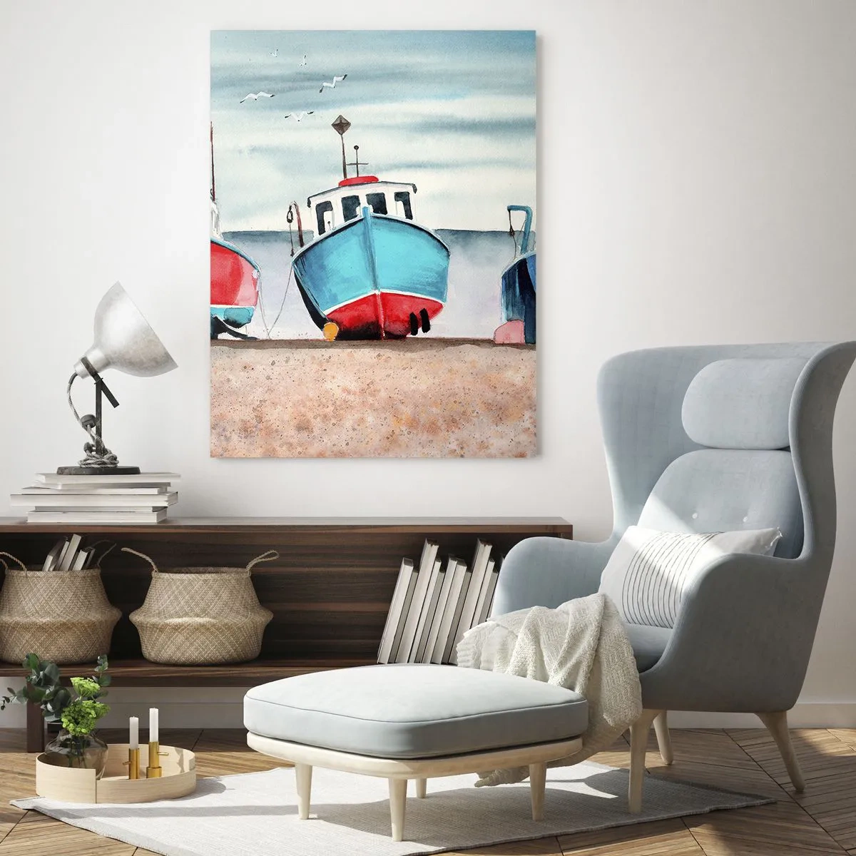 Impression sur verre - Image sur verre - Bateaux de pêche colorés sur le rivage dans un paysage marin - 70x100cm - Prêt pour la pêche - Décoration murale moderne pour le salon et la chambre ARTTOR