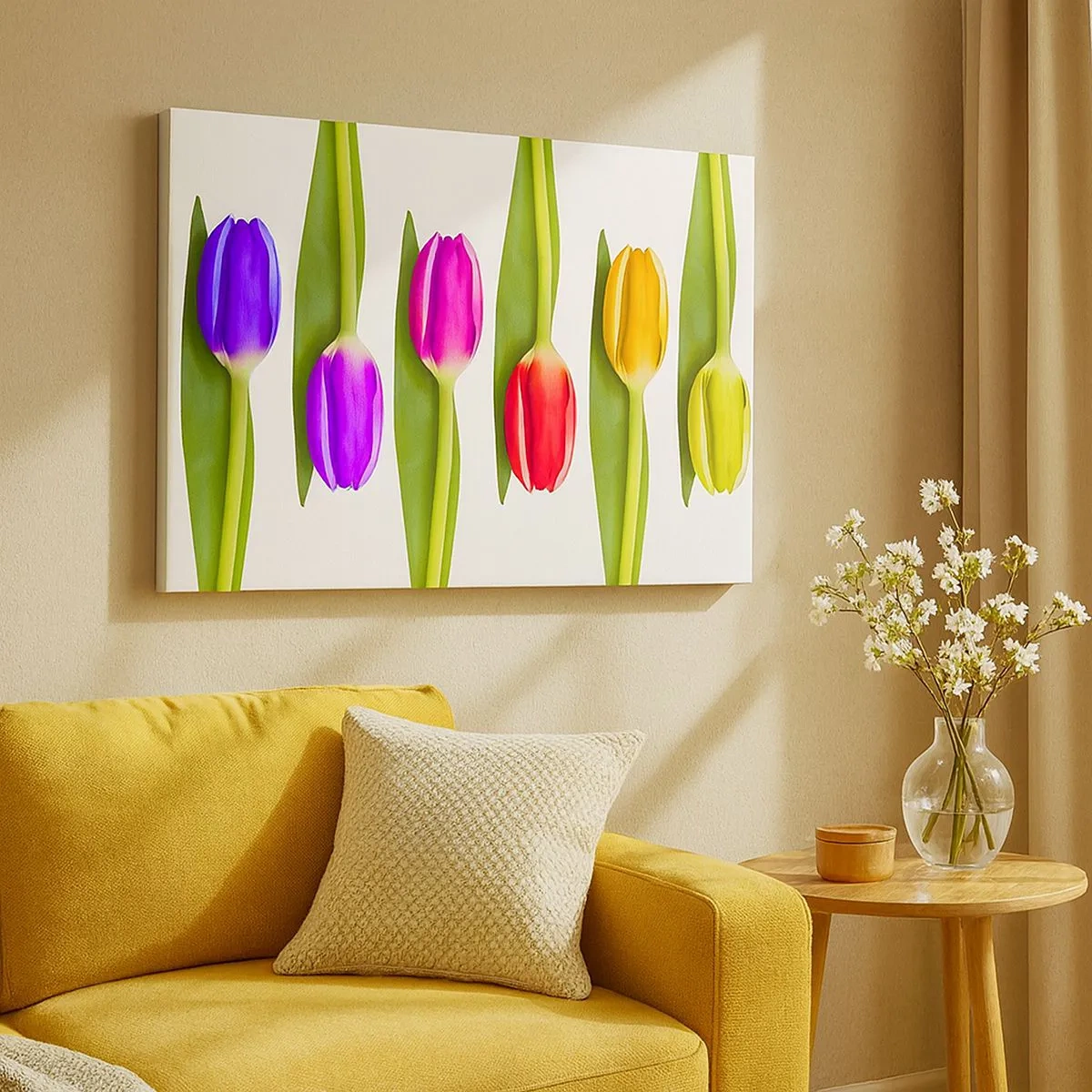 Impression sur toile - Image sur toile - Tulipes multicolores disposées en rangée sur fond blanc - 70x50cm - Composition arc-en-ciel - Décoration murale moderne pour le salon et la chambre ARTTOR