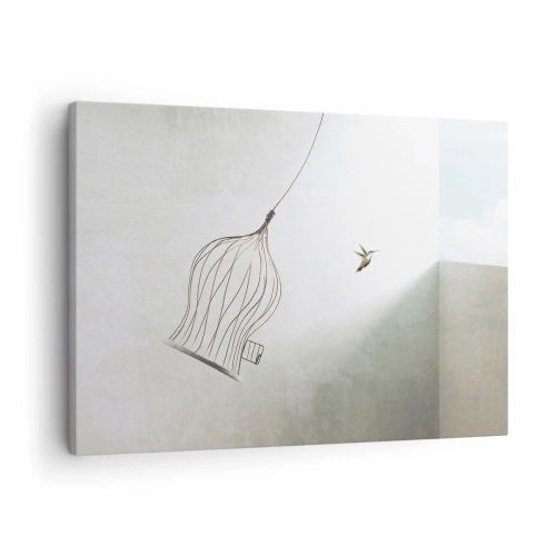 Impression sur toile - Image sur toile - Un oiseau libéré d'une cage sur fond de ciel lumineux - 70x50cm - Dans son élément - Décoration murale moderne pour le salon et la chambre ARTTOR