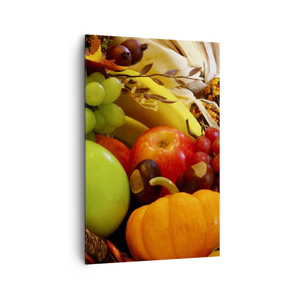 Impression sur toile - Image sur toile - Un panier de fruits, de citrouilles et de maïs sur fond de couleurs d'automne. - 80x120cm - Panier de récolte - Décoration murale moderne pour le salon et la chambre ARTTOR