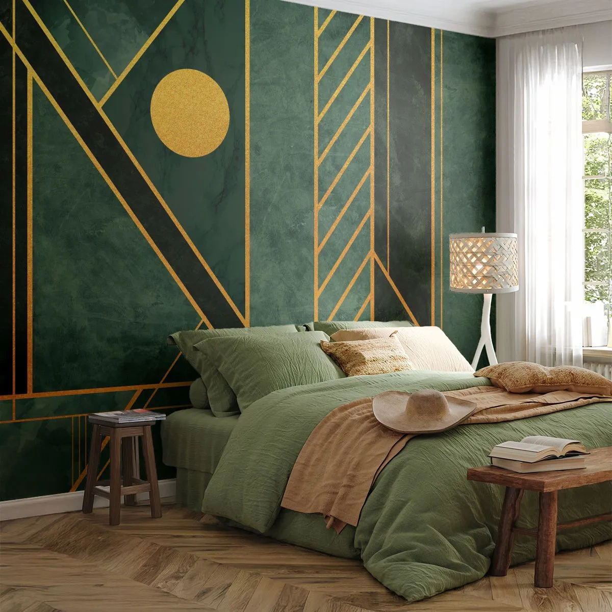Papier Peint Photo Premium Sand - Géométrie verte avec des éléments dorés dans le style Art Déco - 100x70cm - Dynamique or et azur - Décoration murale moderne pour le salon et la chambre ARTTOR