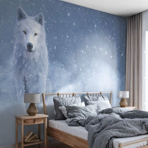Papier Peint Photo Premium Sand - Loup blanc dans une tempête de neige - 100x70cm - Dans une âme d'hiver - Décoration murale moderne pour le salon et la chambre ARTTOR