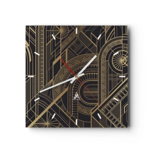 Horloge murale - Pendule murale - Motifs géométriques dorés sur fond noir dans le style Art Déco - 30x30cm - Concept, idée, plan - Décoration murale moderne pour le salon et la chambre ARTTOR