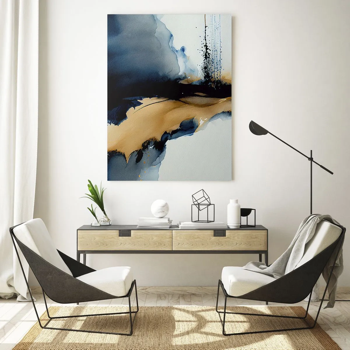 Impression sur verre - Image sur verre - Une composition abstraite dans les tons bleu marine et beige - 50x70cm - Derrière le rideau - Décoration murale moderne pour le salon et la chambre ARTTOR