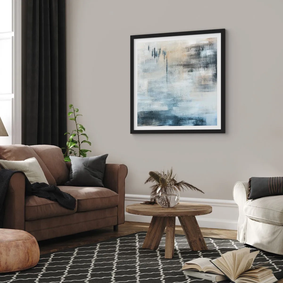 Affiche dans un cadre noir - Poster - Derrière le rideau bleu - 40x40 cm