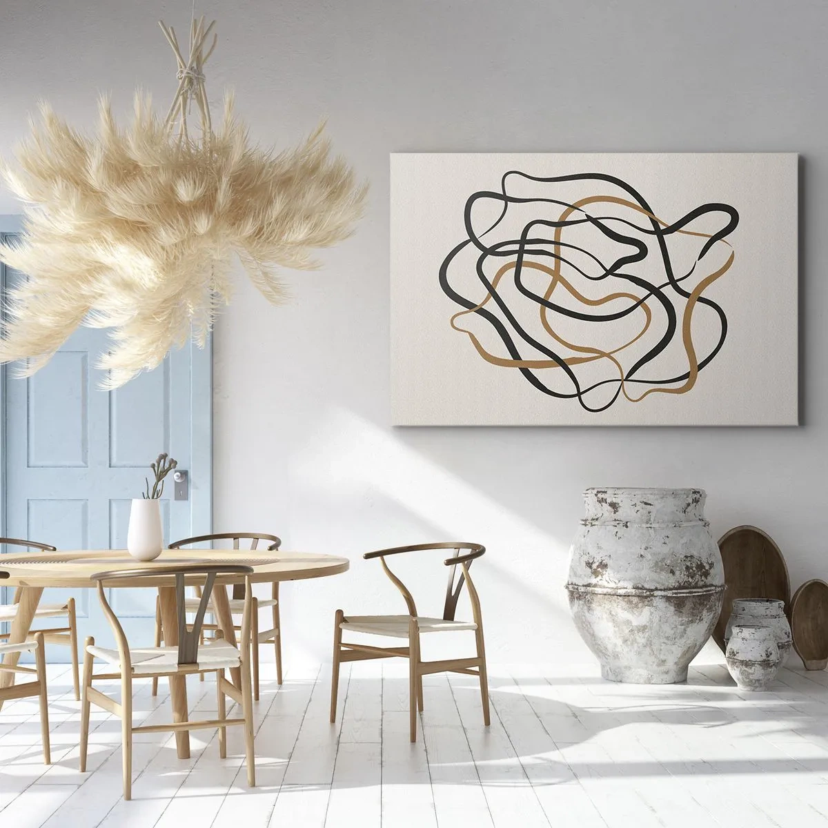 Impression sur toile - Image sur toile - Lignes emmêlées en noir et or sur fond clair - 70x50cm - Tout s'est mal déroulé - Décoration murale moderne pour le salon et la chambre ARTTOR