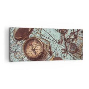 Impression sur toile - Image sur toile - Composition avec une boussole, des clés et une vieille carte dans un style rétro - 120x50cm - Pour ceux qui recherche l'aventure - Décoration murale moderne pour le salon et la chambre ARTTOR