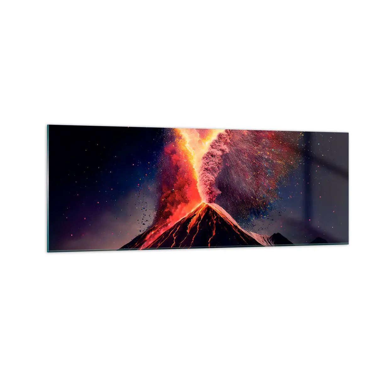 Impression sur verre - Image sur verre - Une éruption volcanique unique la nuit avec des couleurs dynamiques. - 140x50cm - Beauté et horreur - Décoration murale moderne pour le salon et la chambre ARTTOR