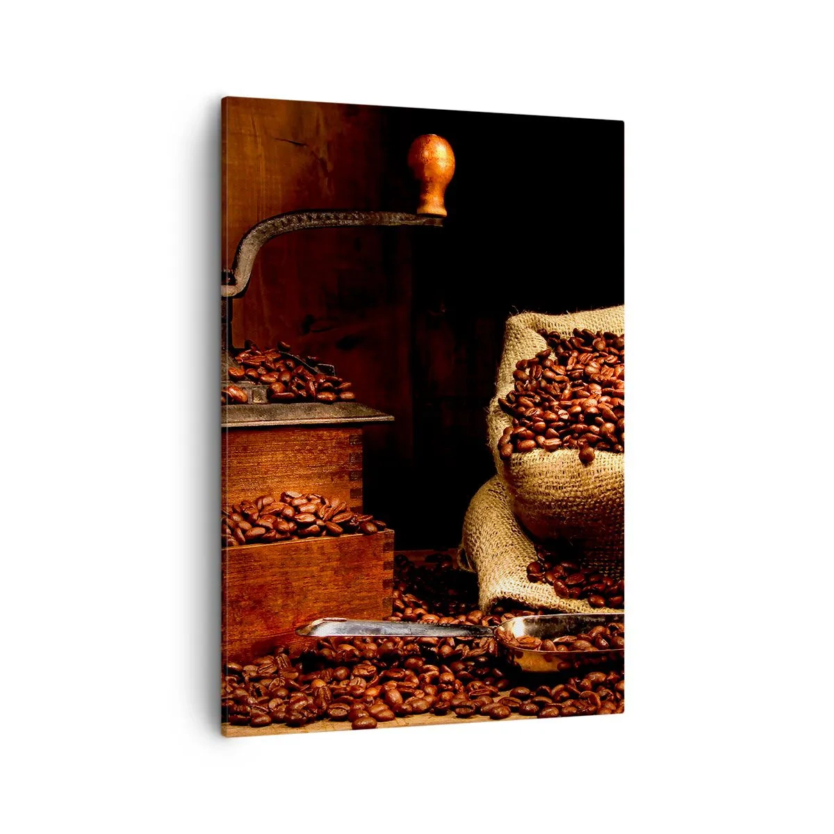 Impression sur toile - Image sur toile - Un vieux moulin à café avec des grains et un sac dans un style rustique. - 50x70cm - Nature morte avec grains de café et moulin - Décoration murale moderne pour le salon et la chambre ARTTOR