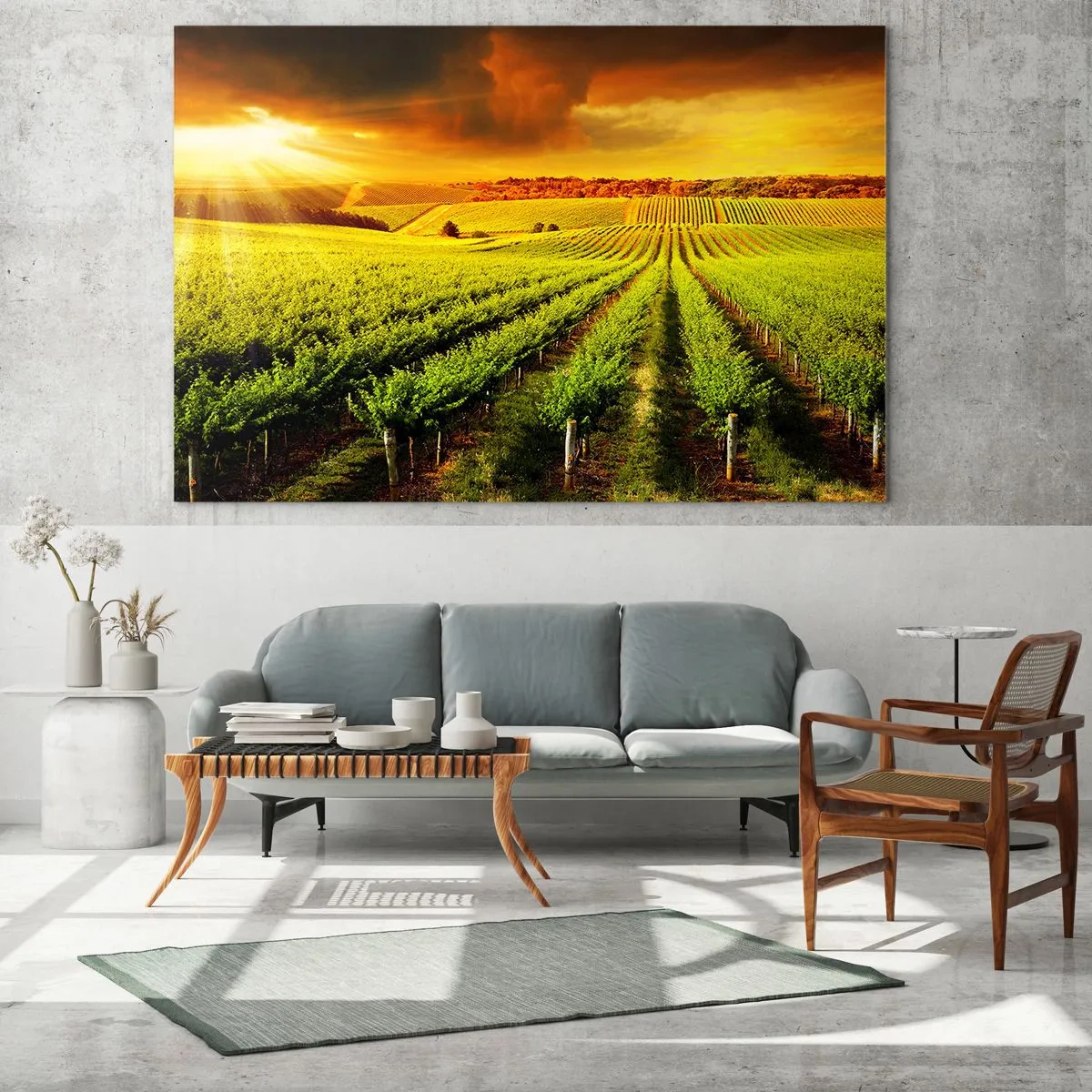 Impression sur verre - Image sur verre - Vignoble à la lumière du soleil couchant - 100x70cm - Sous le soleil australien - Décoration murale moderne pour le salon et la chambre ARTTOR