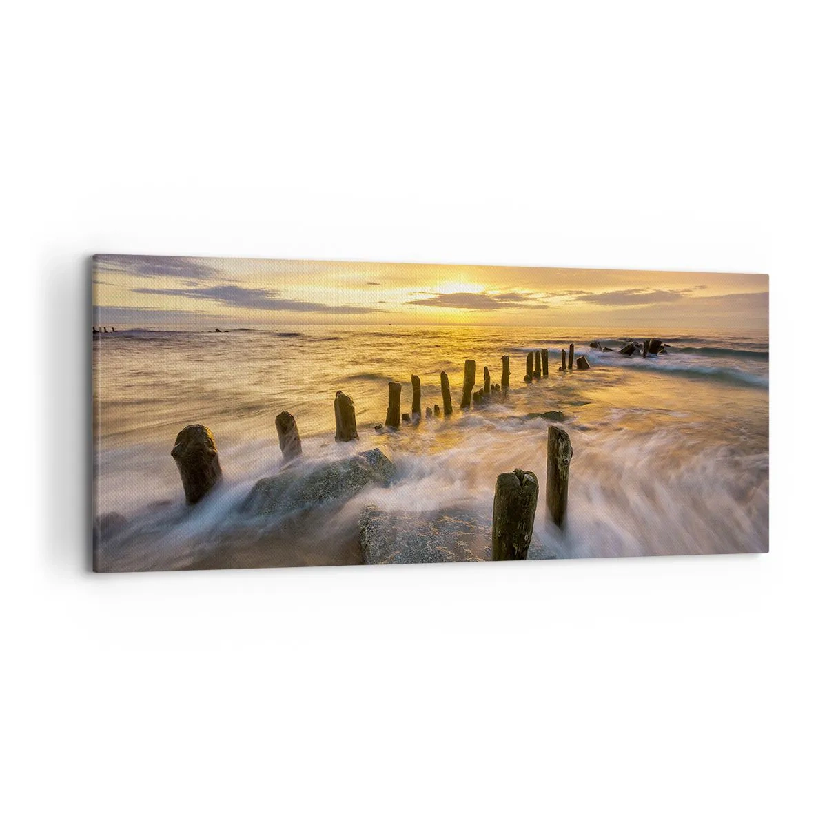 Impression sur toile - Image sur toile - Coucher de soleil sur la mer avec les vestiges d'une ancienne jetée - 120x50cm - La beauté brute de la mer Baltique - Décoration murale moderne pour le salon et la chambre ARTTOR
