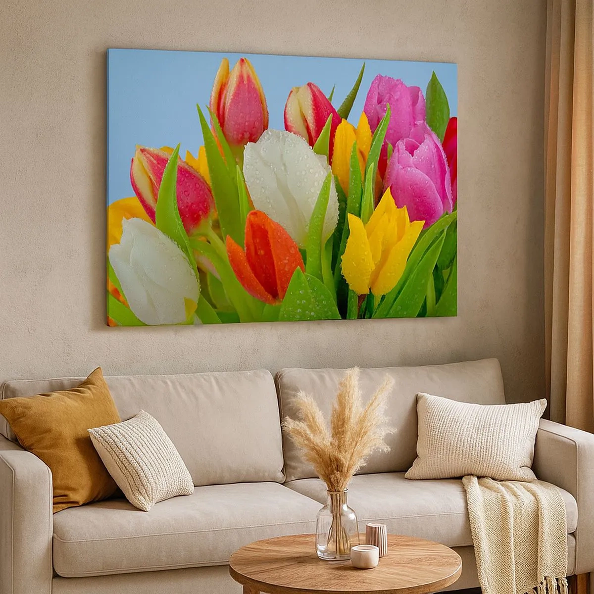 Impression sur toile - Image sur toile - Tulipes colorées couvertes de gouttes de rosée sur fond bleu - 70x50cm - Un arc-en-ciel fleuri en gouttes de rosée - Décoration murale moderne pour le salon et la chambre ARTTOR