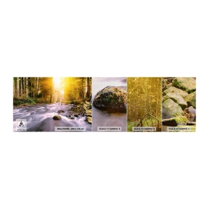 Échantillon de Papier Peint Premium Canvas - Malachite dans un cadre argent et or - Paysage, Ruisseau de montagne, Forêt - 100x30 cm