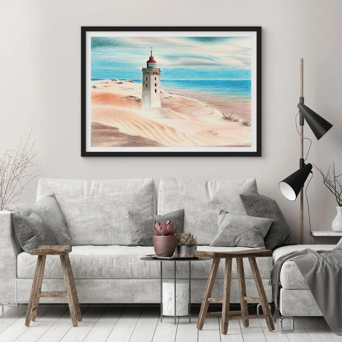 Affiche dans un cadre noir - Poster - Un phare entouré de dunes de sable et d'un ciel bleu - 100x70cm - Toujours regarder la mer - Décoration murale moderne pour le salon et la chambre ARTTOR