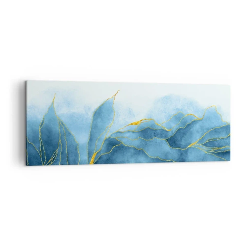 Impression sur toile - Image sur toile - Vagues abstraites dans des tons de bleu avec des accents dorés - 140x50cm - Bleu doré - Décoration murale moderne pour le salon et la chambre ARTTOR