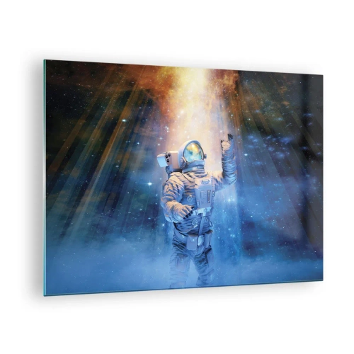 Impression sur verre - Image sur verre - Un astronaute dans l'espace illuminé par des rayons de lumière - 70x50cm - Enfin arrivé - Décoration murale moderne pour le salon et la chambre ARTTOR