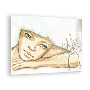 Impression sur verre - Image sur verre - Une figure subtile d'une femme avec un arbre sur un fond de couleurs aquarelles - 70x50cm - L'arbre de la poésie naît du silence - Décoration murale moderne pour le salon et la chambre ARTTOR