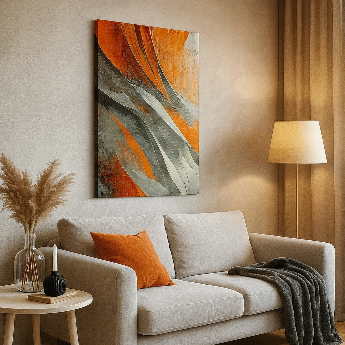 Impression sur toile - Image sur toile - Lignes abstraites dans les tons orange et gris - 50x70cm - Chaleur et froid - Décoration murale moderne pour le salon et la chambre ARTTOR