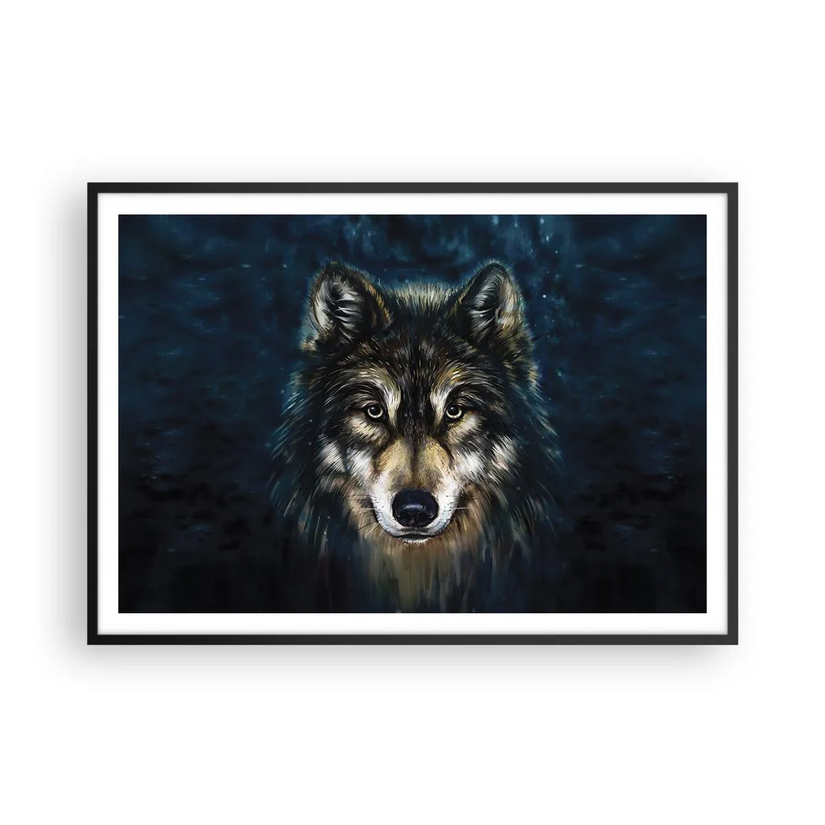 Affiche dans un cadre noir - Poster - Portrait d'un loup sur fond bleu foncé - 100x70cm - Alpha? Et oméga - Décoration murale moderne pour le salon et la chambre ARTTOR