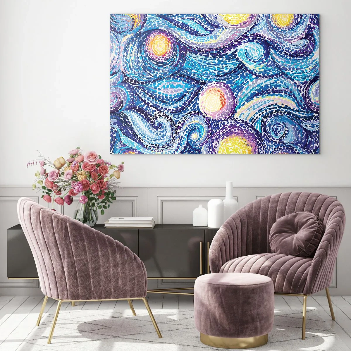 Impression sur verre - Image sur verre - Une interprétation abstraite de la nuit étoilée aux couleurs intenses - 70x50cm - D'après un tableau de van Gogh - Décoration murale moderne pour le salon et la chambre ARTTOR