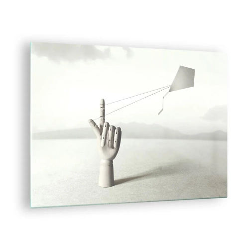 Impression sur verre - Image sur verre - Une main en bois tenant un cerf-volant flottant sur son doigt - 70x50cm - Épreuve de force - Décoration murale moderne pour le salon et la chambre ARTTOR