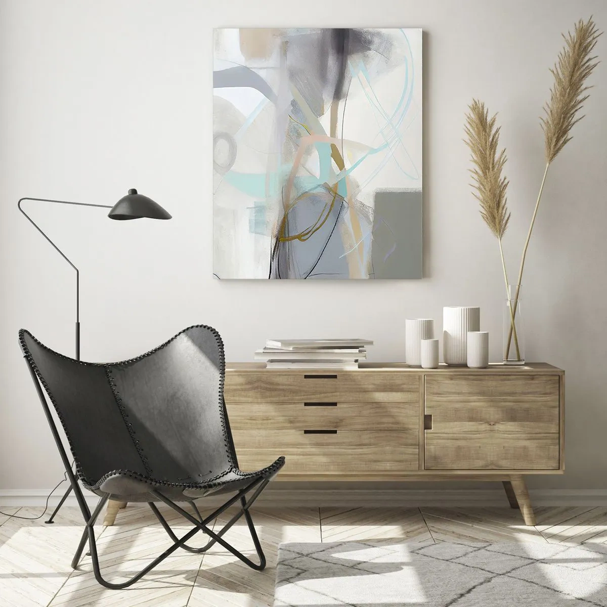 Impression sur verre - Image sur verre - Une abstraction brumeuse avec des accents pastel et graphite. - 50x70cm - Abstraction brumeuse - Décoration murale moderne pour le salon et la chambre ARTTOR