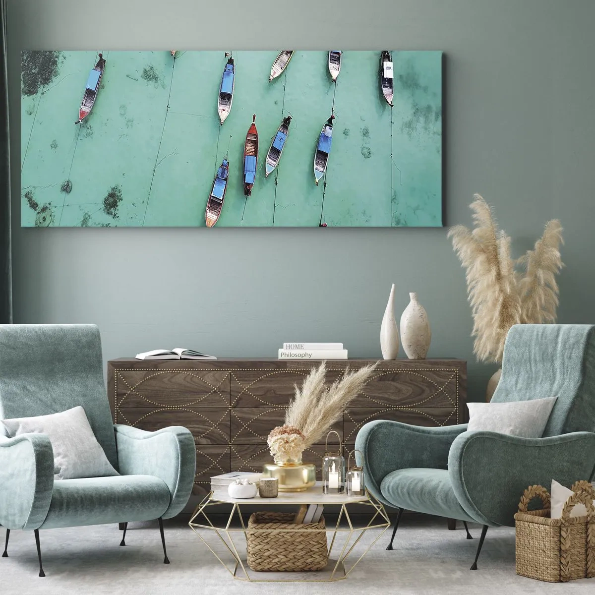 Impression sur toile - Image sur toile - Vue aérienne de bateaux sur une eau turquoise - 140x50cm - Dans une attente jouyeuse - Décoration murale moderne pour le salon et la chambre ARTTOR