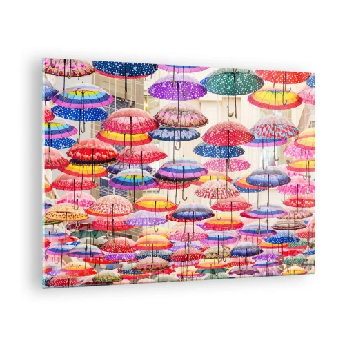 Impression sur verre - Image sur verre - Une photographie de parapluies colorés suspendus dans l'air. - 70x50cm - Prairie de la ville - Décoration murale moderne pour le salon et la chambre ARTTOR