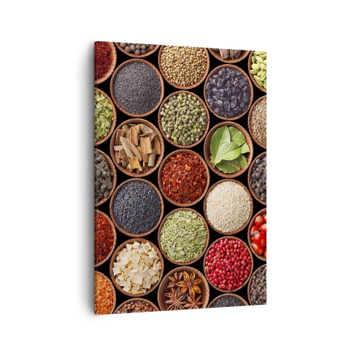 Impression sur toile - Image sur toile - Épices colorées dans des récipients ronds - 50x70cm - Toutes les saveurs du monde - Décoration murale moderne pour le salon et la chambre ARTTOR