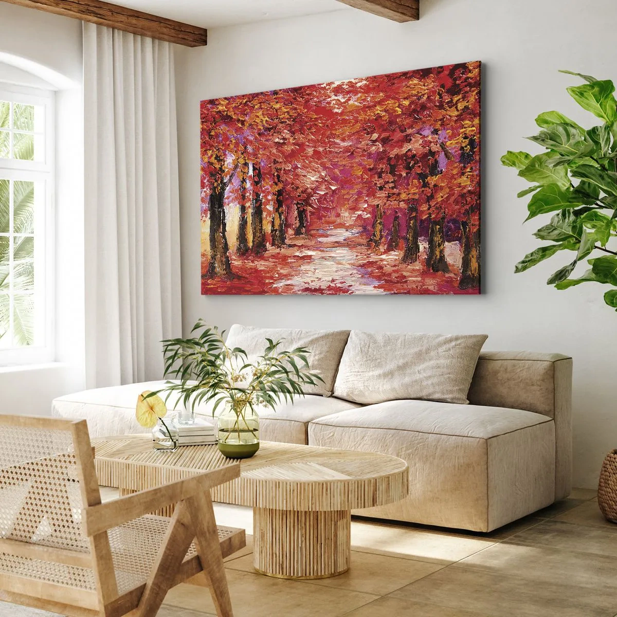 Impression sur toile - Image sur toile - Une ruelle pittoresque aux couleurs d'automne dans le style impressionniste - 120x80cm - Impression d'automne - Décoration murale moderne pour le salon et la chambre ARTTOR