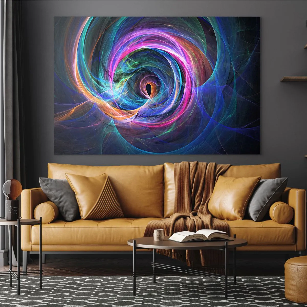 Impression sur verre - Image sur verre - Une spirale abstraite aux couleurs intenses sur fond sombre. - 100x70cm - Où m'emmènes-tu ? - Décoration murale moderne pour le salon et la chambre ARTTOR