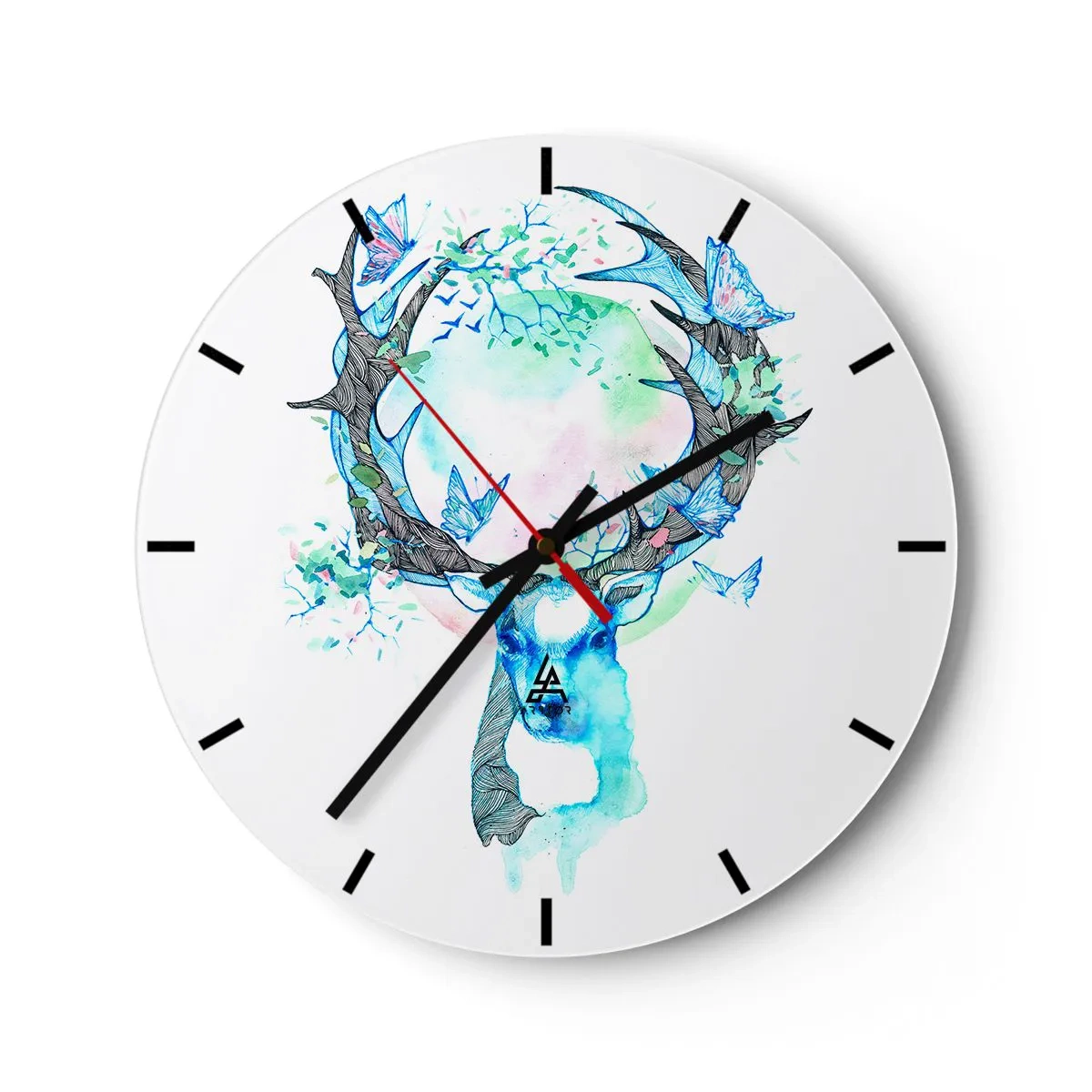 Horloge murale - Pendule murale - Cerf artistique avec branches et papillons sur fond blanc - 30x30cm - La force et la délicatesse de la nature - Décoration murale moderne pour le salon, la cuisine et la chambre ARTTOR