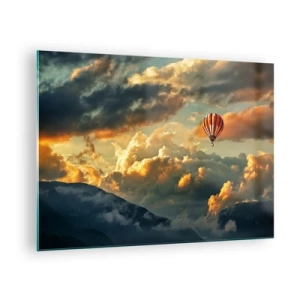 Impression sur verre - Image sur verre - Un ballon flottant au-dessus des montagnes parmi les nuages au coucher du soleil - 70x50cm - Je vole parce que je veux - Décoration murale moderne pour le salon et la chambre ARTTOR