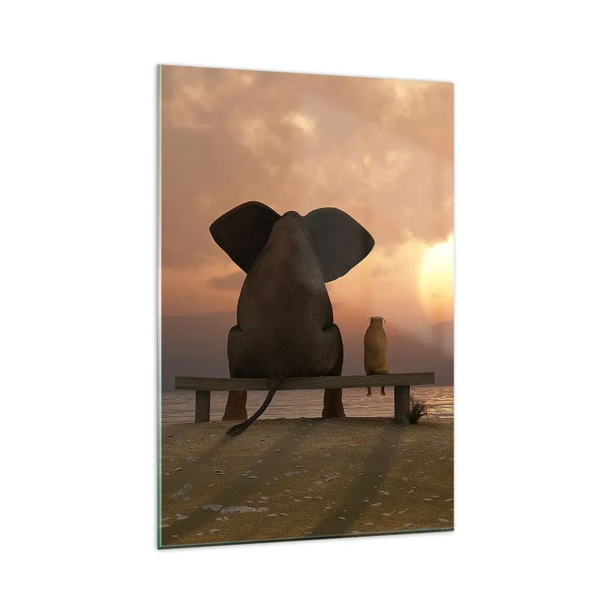 Impression sur verre - Image sur verre - Un éléphant et un chien sont assis sur un banc sur la plage au coucher du soleil. - 80x120cm - C'est bon de garder le silence ensemble - Décoration murale moderne pour le salon et la chambre ARTTOR
