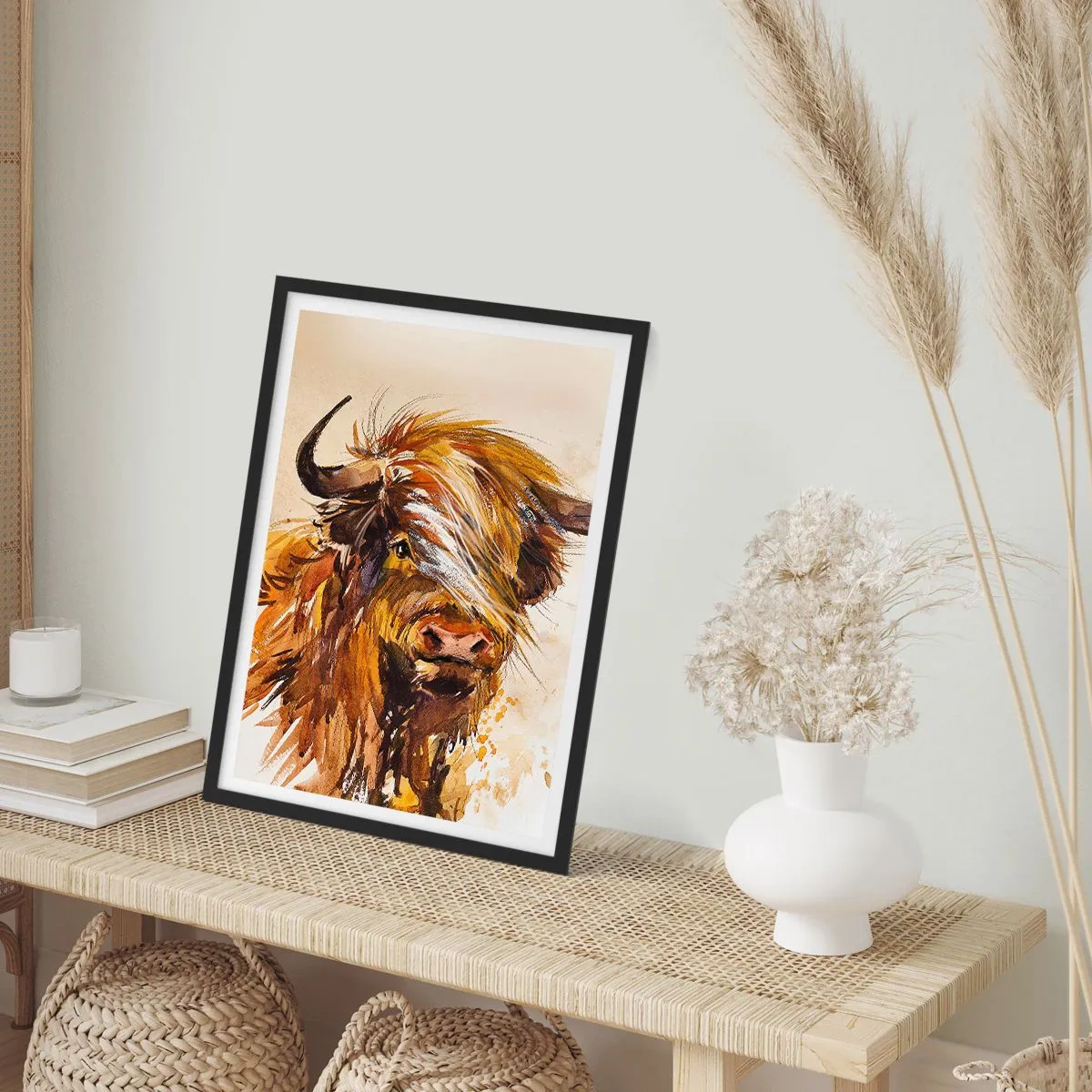 Affiche dans un cadre noir - Poster - Portrait d'un taureau dans un style aquarelle artistique - 50x70cm - Fierté du chasseur - Décoration murale moderne pour le salon et la chambre ARTTOR