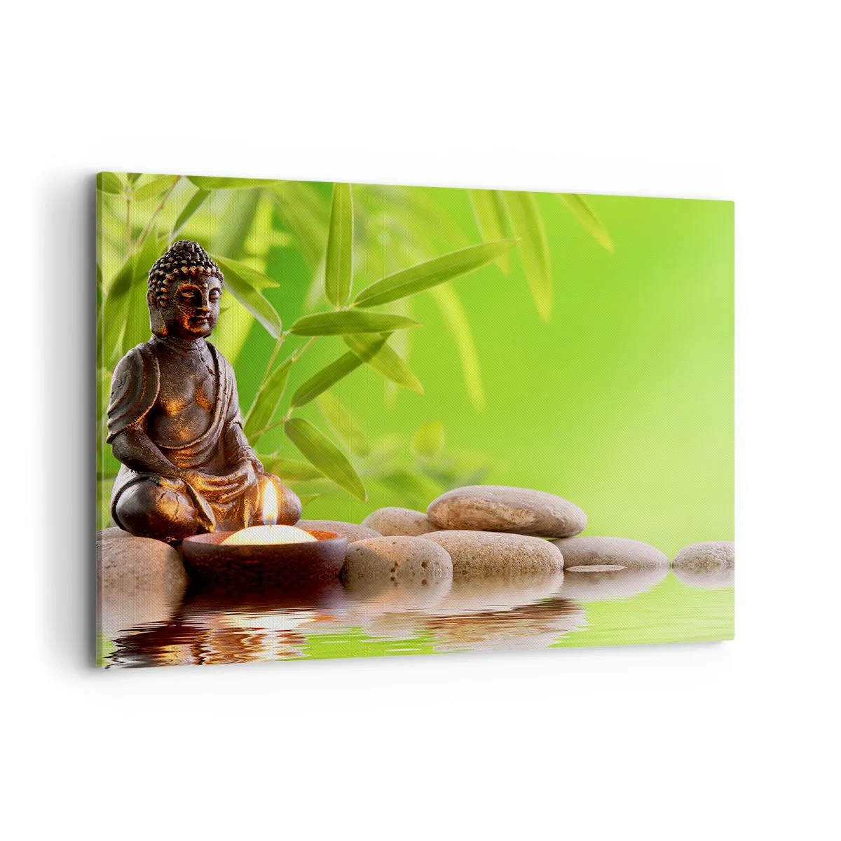 Impression sur toile - Image sur toile - Figure de Bouddha avec des pierres et une bougie sur un fond de bambou - 100x70cm - La vie est belle - Décoration murale moderne pour le salon et la chambre ARTTOR