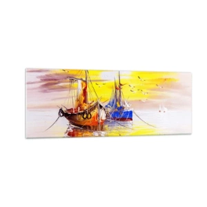 Impression sur verre - Image sur verre - Une scène picturale de bateaux sur une mer calme - 140x50cm - Un repos bien mérité au port - Décoration murale moderne pour le salon et la chambre ARTTOR