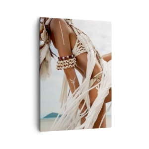 Impression sur toile - Image sur toile - Figure d'une femme portant des ornements et des vêtements ethniques sur fond de paysage tropical. - 50x70cm - Prêtresse du soleil - Décoration murale moderne pour le salon et la chambre ARTTOR