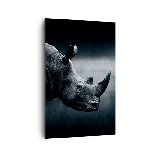 Impression sur toile - Image sur toile - Portrait noir et blanc d'un rhinocéros sur fond sombre - 80x120cm - Le profil droit - Décoration murale moderne pour le salon et la chambre ARTTOR