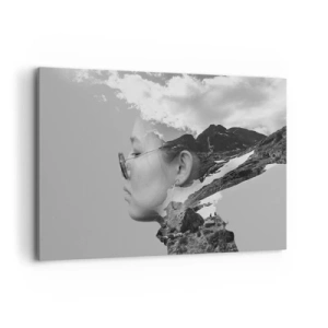 Impression sur toile - Image sur toile - Une composition en noir et blanc avec une silhouette de femme et un paysage de montagne. - 120x80cm - Portrait de montagnes et nuages - Décoration murale moderne pour le salon et la chambre ARTTOR