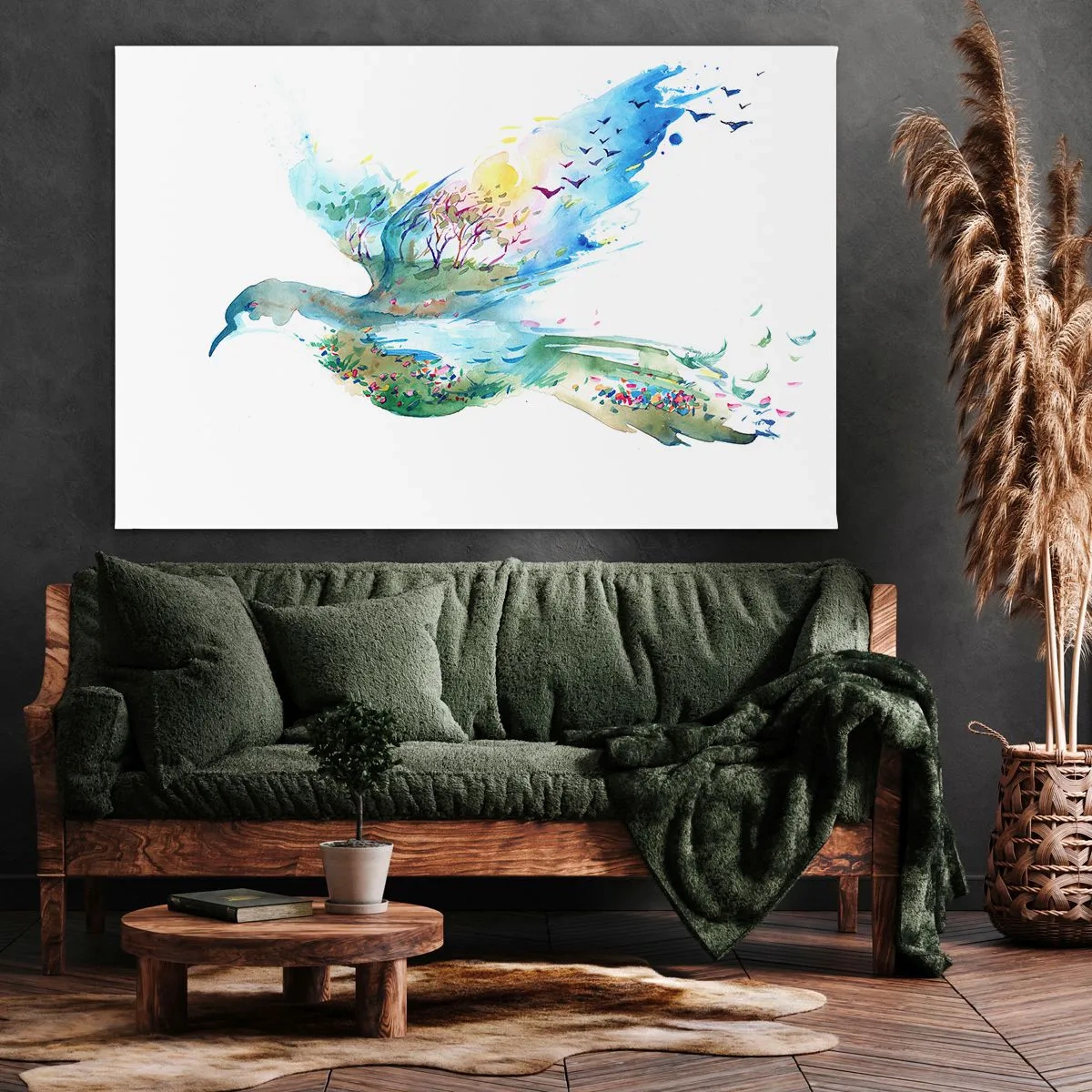 Impression sur toile - Image sur toile - Composition à l'aquarelle d'un oiseau avec des éléments de la nature - 70x50cm - Sur les ailes de la nature - Décoration murale moderne pour le salon et la chambre ARTTOR