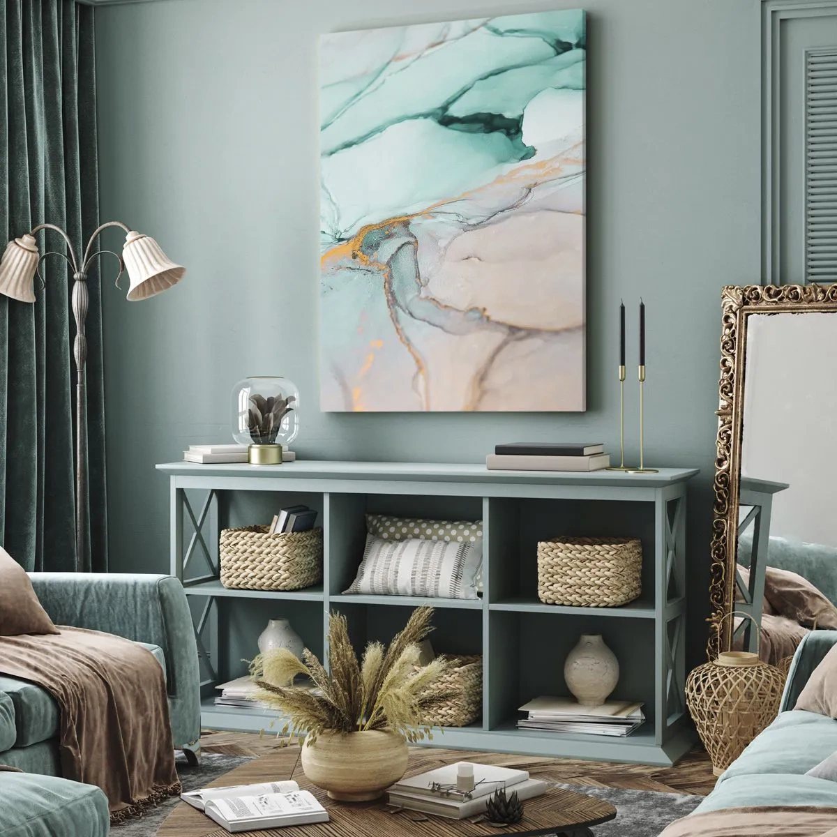 Impression sur toile - Image sur toile - Une composition abstraite dans des tons turquoise et or. - 80x120cm - Danse des formes et des couleurs - Décoration murale moderne pour le salon et la chambre ARTTOR