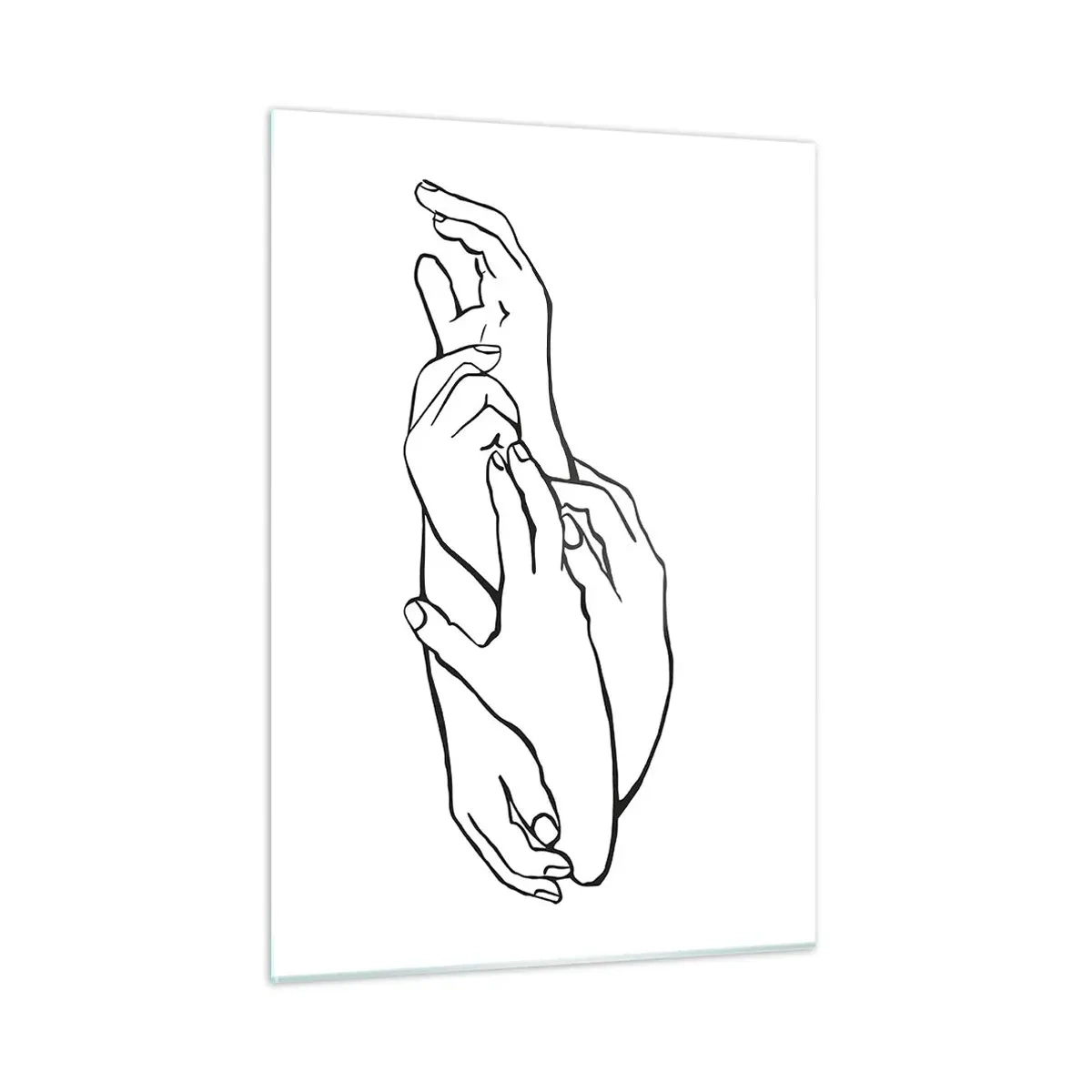 Impression sur verre - Image sur verre - Un dessin linéaire subtil de mains jointes sur un fond blanc. - 50x70cm - Bon contact - Décoration murale moderne pour le salon et la chambre ARTTOR