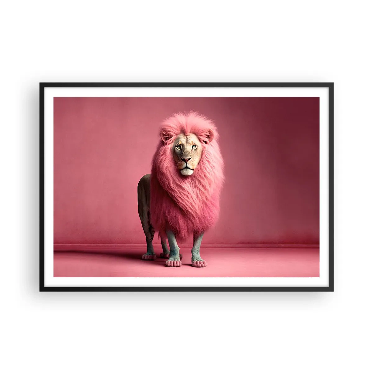 Affiche dans un cadre noir - Poster - Un lion rendu artistiquement avec une crinière rose sur un fond rose - 100x70cm - Et tu n'as plus peur - Décoration murale moderne pour le salon et la chambre ARTTOR